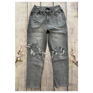 E1 -- AMERICAN EAGLE gray comfort stretch waistband destroyed mom jeans 4